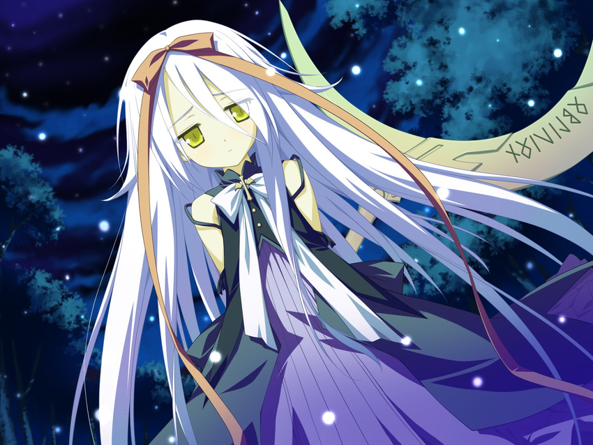 dress hoshizora_no_memoria long_hair mare_s_ephemeral night ribbons snow tree white_hair yellow_eyes