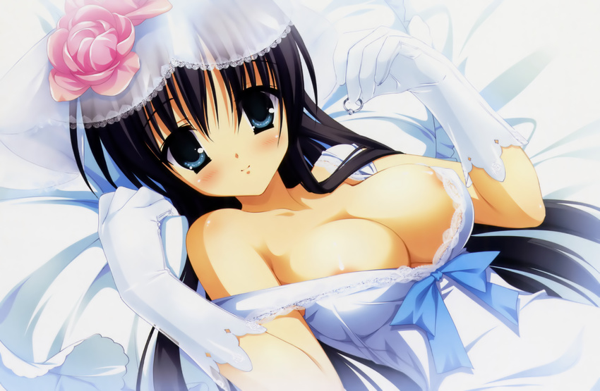 blue_eyes breasts cleavage dress flowers gloves kobuichi kousaka_chihaya long_hair natsuzora_kanata nipples no_bra open_shirt see_through wedding_attire yuzusoft