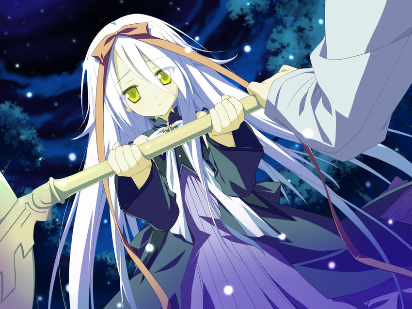 dress hoshizora_no_memoria long_hair mare_s_ephemeral night ribbons snow tree white_hair yellow_eyes