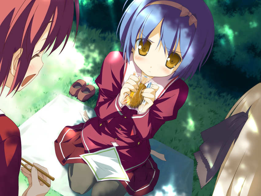 blue_hair brown_eyes food game_cg hisakaki_kosame hoshizora_no_memoria minahoshi_asuho red_hair seifuku shida_kazuhiro short_hair