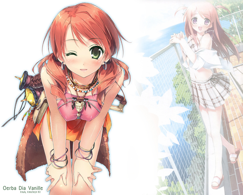 5_nenme_no_houkago blush brown_hair erect_nipples final_fantasy final_fantasy_xiii green_eyes kantoku kurumi_(kantoku) long_hair necklace oerba_dia_vanille orange_hair original photoshop purple_eyes ribbons seifuku wink