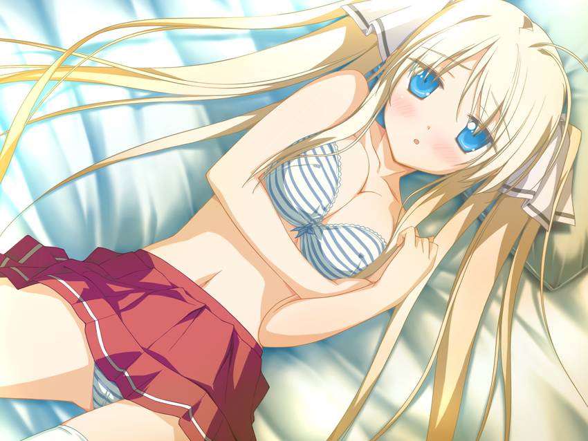 bed blonde_hair blue_eyes blush erect_nipples hisakaki_komomo hoshizora_no_memoria long_hair navel panties skirt striped_panties underwear