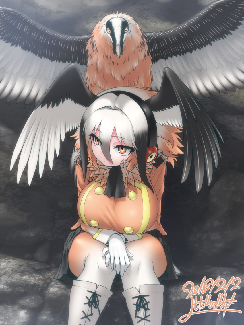 1girl 2018 ambiguous_gender animal animal_humanoid avian avian_humanoid bearded_vulture bearded_vulture_(kemono_friends)_(yoshida_hideyuki) big_breasts bird black_feathers black_hair black_skirt boots breasts brown_eyes brown_feathers brown_hair clothed clothing commentary_request dated double-breasted eyebrows_visible_through_hair eyes_visible_through_hair feather_collar feathered_wings feathers feet_out_of_frame female feral footwear gloves gradient_hair gradient_legwear hair hair_between_eyes head_wings headphones highres huge_breasts humanoid kemono_friends knee_boots legwear long_sleeves multicolored_eyes multicolored_feathers multicolored_hair multicolored_wings orange_hair original pantyhose red_eyes rock signature sitting skirt solo thigh_highs uniform vulture watermark white_feathers white_footwear white_gloves white_hair wings yellow_eyes yoshida_hideyuki