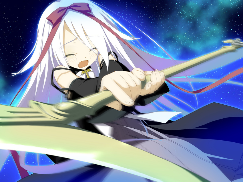 crying hoshizora_no_memoria long_hair mare_s_ephemeral ribbons scythe tears weapon white_hair