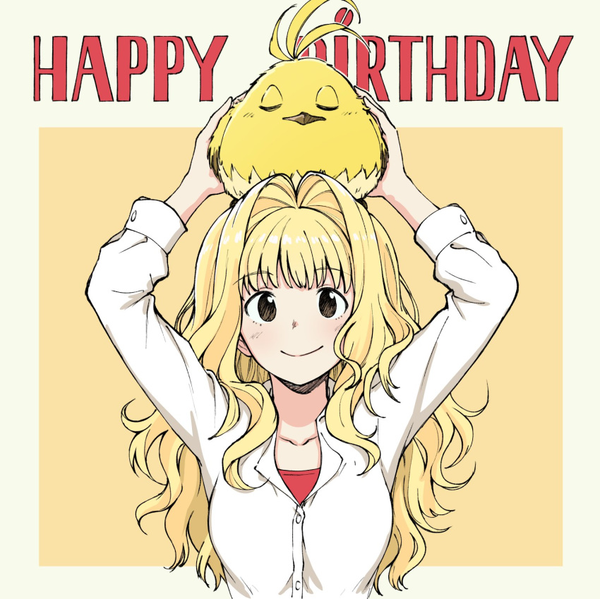 1girl animal animal_on_head annie_berton bangs bird bird_on_head blonde_hair border borrowed_character breasts brown_eyes commentary english_commentary eyebrows_visible_through_hair hair_intakes happy_birthday highres long_hair on_head original pas_(paxiti) shirt small_breasts smile tori_(matsuda_(matsukichi)) upper_body white_shirt