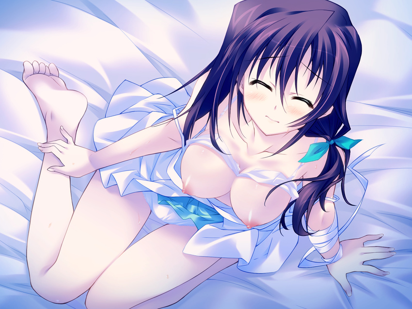 bed blush bra breasts game_cg hanasaki_uri harukazedori_ni_tomarigi_wo_2nd_story nipples panties purple_hair short_hair underwear