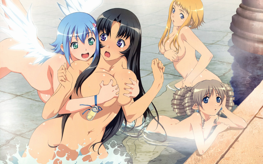 4girls ass bath black_hair blonde_hair blue_eyes blue_hair breasts cleavage green_eyes highres leina long_hair miyazawa_tsutomu multiple_girls nanael nude official_art pointed_ears pointy_ears purple_eyes queen's_blade queen's_blade reina tomoe wings ymir