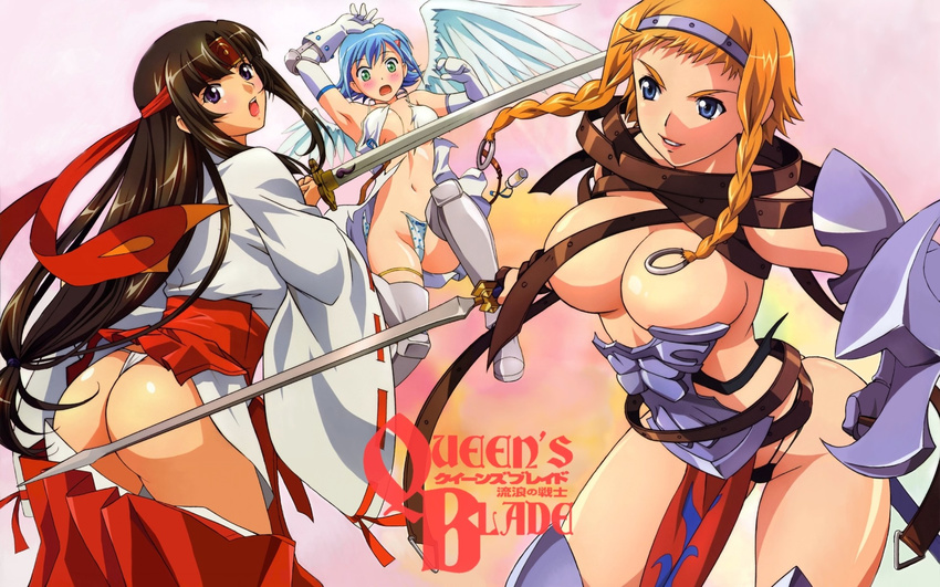 armor ass blonde_hair blue_eyes blue_hair breasts brown_hair cleavage green_eyes headband katana nanael panties purple_eyes queen's_blade reina sword tomoe torn_clothes underwear weapon wings