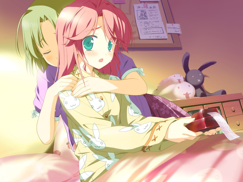 bed crying game_cg green_eyes hoshizora_no_memoria kogasaka_chinami pajamas pink_hair shida_kazuhiro