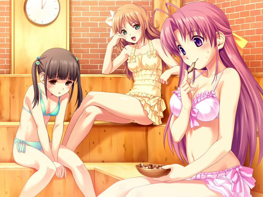 aoi_matsuri bikini game_cg green_eyes koutaro minazuki_izumi panties pink_hair suzukaze_hotaru swimsuit tropical_kiss underwear