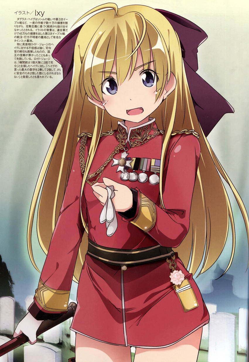 ahoge badge blonde_hair blue_eyes blush bottomless bow british coat douglas_haig genderswap genderswap_(mtf) gloves gloves_removed graveyard hair_bow highres holding ixy long_hair long_sleeves looking_at_viewer mc_axis military military_uniform non-web_source open_mouth original purple_bow real_life red_coat single_glove smile solo tombstone tyne_cot_cemetery uniform white_gloves world_war_i
