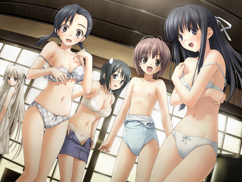 amatsume_akira bra breasts flat_chest glasses hashimoto_takashi kasugano_sora kuranaga_kozue migiwa_kazuha nipples panties skirt suzuhira_hiro underwear undressing yorihime_nao yosuga_no_sora