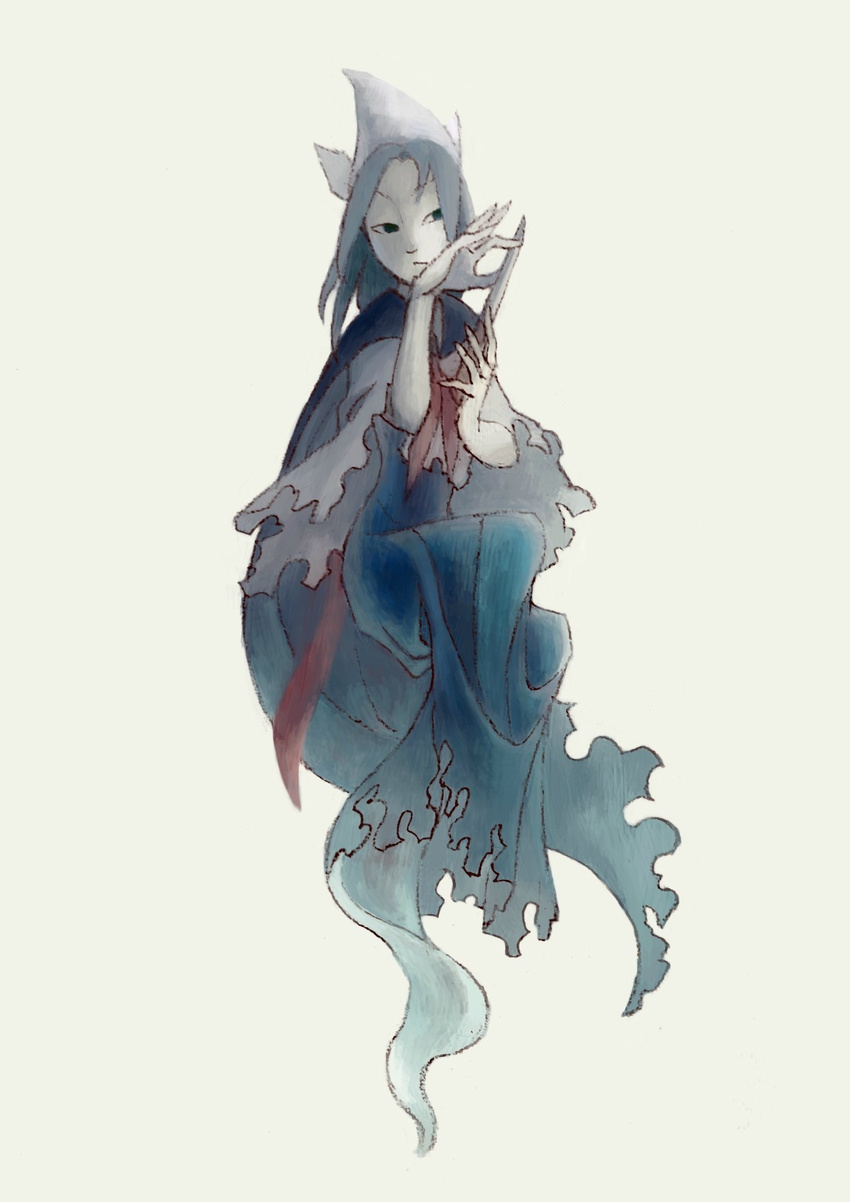 blue_dress cape d-nobi dress ghost_tail headwear highres knife looking_to_the_side mima pale_skin short_hair skinny solo touhou touhou_(pc-98)