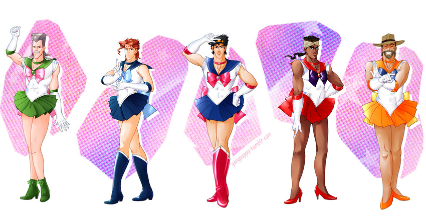 back_bow bare_legs bishoujo_senshi_sailor_moon blue_choker blue_footwear blue_sailor_collar boots bow choker commentary cosplay dark_skin dark_skinned_male green_choker green_footwear green_sailor_collar highres inner_senshi jean_pierre_polnareff jojo_no_kimyou_na_bouken joseph_joestar kakyouin_noriaki kuujou_joutarou magical_girl manly mohammed_avdol multiple_boys orange_choker orange_sailor_collar parody pink_bow red_bow red_choker red_sailor_collar sailor_collar sailor_jupiter sailor_jupiter_(cosplay) sailor_mars sailor_mars_(cosplay) sailor_mercury sailor_mercury_(cosplay) sailor_moon sailor_moon_(cosplay) sailor_senshi sailor_senshi_uniform sailor_venus sailor_venus_(cosplay) stardust_crusaders yangpuppy