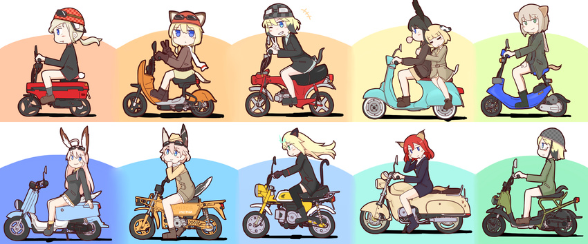 adriana_visconti animal_ears black_legwear blonde_hair blue_eyes blush_stickers bomber_jacket brown_hair bubble_blowing caracal_ears caracal_tail carla_j_luksic chewing_gum dominica_s_gentile driving ears_through_headwear erica_hartmann garrison_cap glasses gloves goggles goggles_on_head green_eyes grin ground_vehicle hanna-justina_marseille hat head_wings heinrike_prinzessin_zu_sayn-wittgenstein helmet highres hirschgeweih_antennas honda honda_ct70 honda_motocompo honda_ruckus honda_takashi_(enorea) huberta_von_bonin hug hug_from_behind jacket jane_t_godfrey long_hair looking_at_viewer martina_crespi motor_vehicle motorcycle motorcycle_helmet multicolored_hair multiple_girls multiple_riders noble_witches one_eye_closed purple_eyes raisa_pottgen red_hair scarf scooter short_hair sidesaddle simple_background smile strike_witches tail thighhighs uniform ursula_hartmann v vespa world_witches_series yamaha yamaha_c3