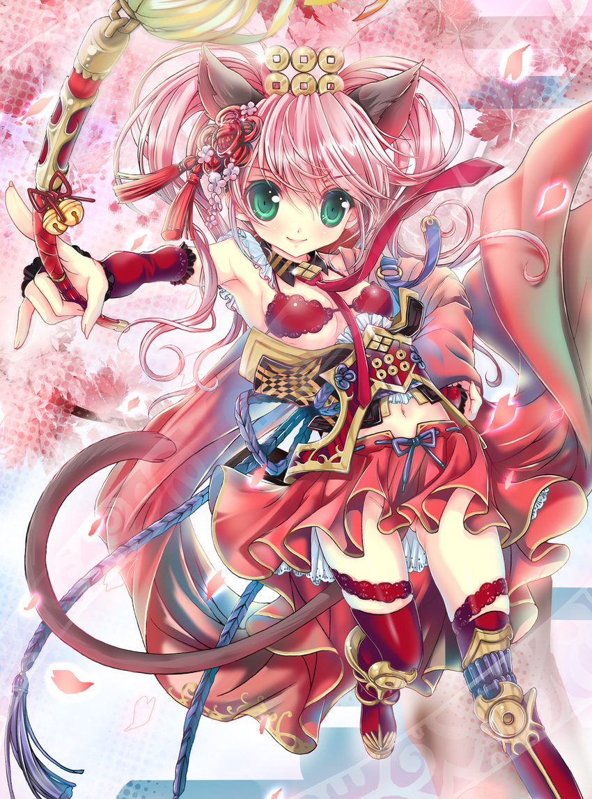 animal_ears bad_id bad_pixiv_id bare_shoulders bell blush breasts cat_ears foreshortening green_eyes hair_ornament hand_on_hip highres jingle_bell long_hair miniskirt original pink_hair polearm shisaki_tayu skirt small_breasts smile solo twintails weapon