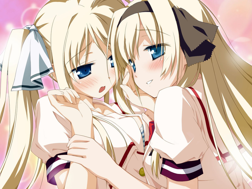 2girls blonde_hair hisakaki_komomo hisakaki_kosame hoshizora_no_memoria open_shirt seifuku shida_kazuhiro