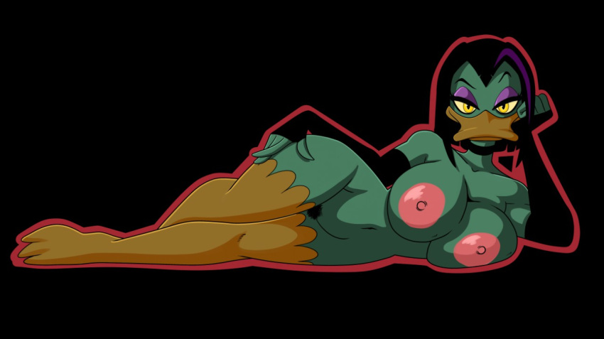 anthro areola armwear avian beak big_breasts bird black_hair breasts bridal_gauntlets choker clothing digital_media_(artwork) disney duck ducktales eyeshadow feathers female green_feathers hair looking_at_viewer lordstevie lying magica_de_spell makeup mostly_nude nipples non-mammal_breasts nude pubes short_hair simple_background smile solo thick_thighs voluptuous wide_hips yellow_eyes