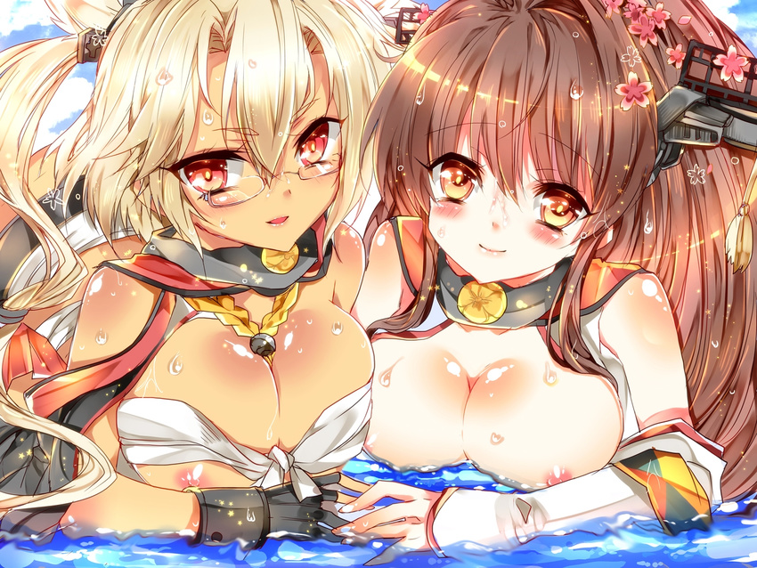 bad_id bad_pixiv_id bariko blonde_hair blush breasts brown_hair fingerless_gloves glasses gloves kantai_collection large_breasts long_hair looking_at_viewer multiple_girls musashi_(kantai_collection) nipples red_eyes sarashi smile water wet yamato_(kantai_collection) yellow_eyes