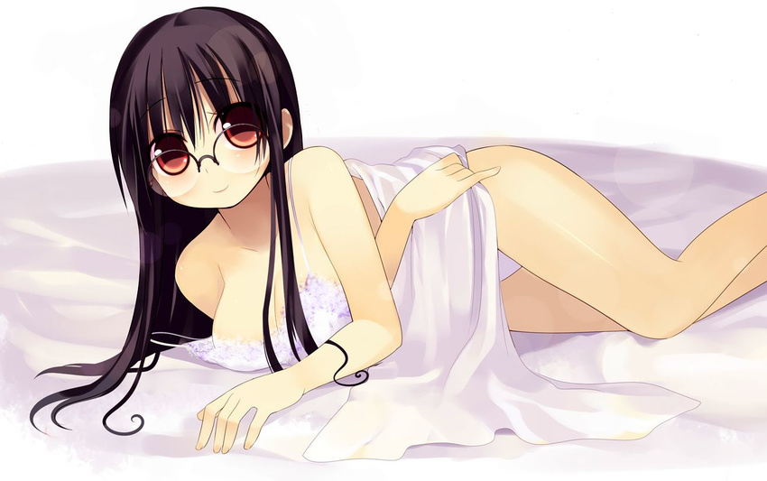 arima_senne bra breasts brown_hair cleavage glasses jpeg_artifacts kashiwamochi_yomogi long_hair original panties red_eyes underwear