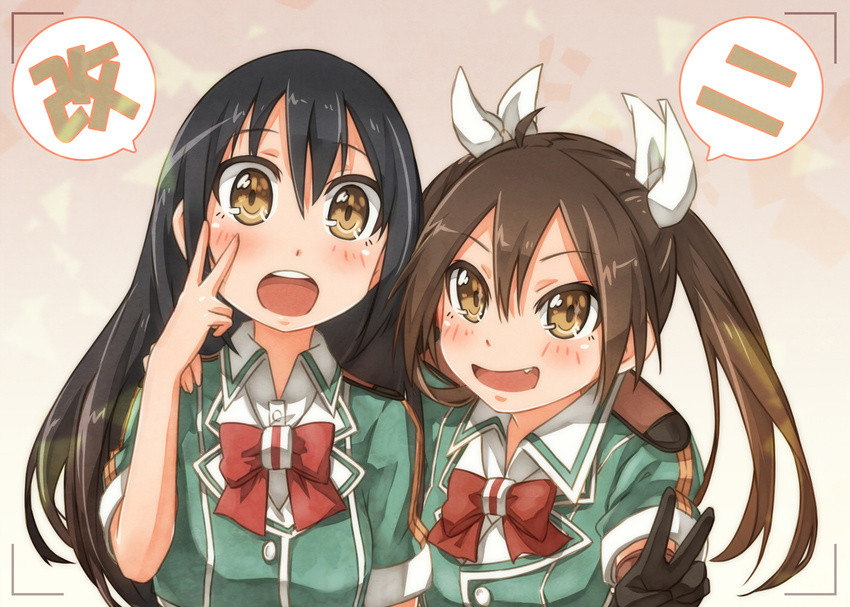 :d black_gloves black_hair blush bow bowtie brown_eyes brown_hair chikuma_(kantai_collection) fang gloves hand_on_another's_shoulder kantai_collection long_hair multiple_girls open_mouth remodel_(kantai_collection) ribbon smile taking_picture tone_(kantai_collection) twintails umino_mokuzu_(shizumisou) v white_ribbon