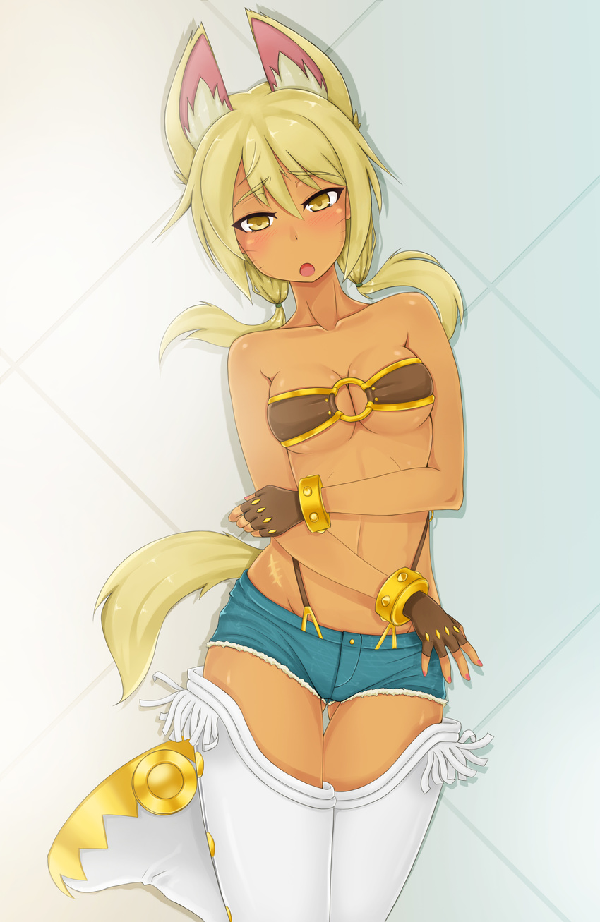 absurdres animal_ears bad_id bad_pixiv_id bangle beltbra blonde_hair boots bracelet breasts cleavage cosplay cutoffs denim denim_shorts extra_ears fingerless_gloves gloves highres ichii_yui jewelry liru liru_(cosplay) looking_at_viewer low_twintails lying medium_breasts o-ring o-ring_top on_back open_mouth purple_mii renkin_san-kyuu_magical_pokaan scar short_shorts shorts solo suspenders tail thigh_gap tile_floor tiles twintails wolf_ears wolf_girl wolf_tail yellow_eyes yuyushiki