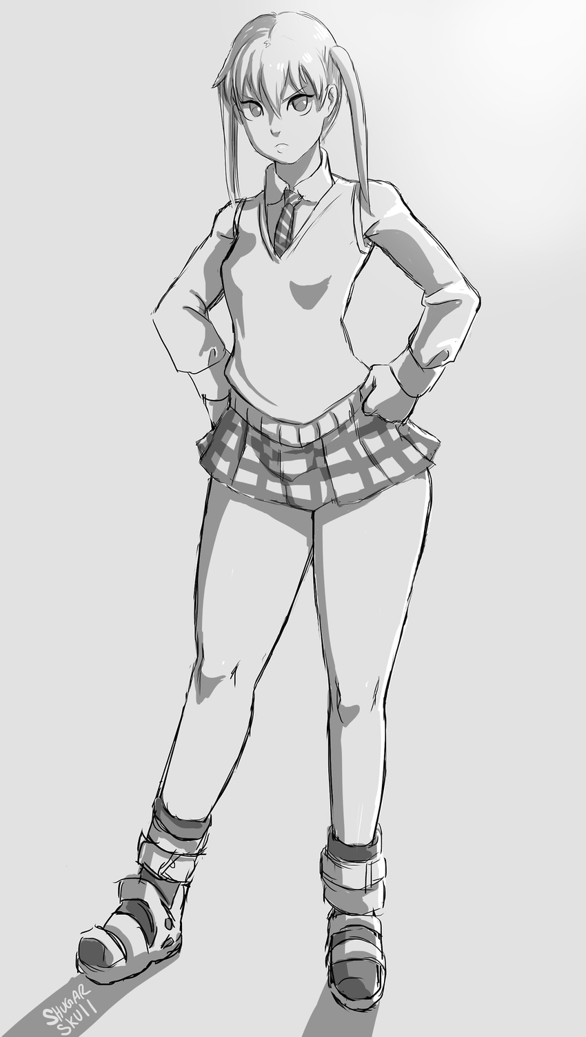 bad_source boots breasts greyscale hands_on_hips highres maka_albarn miniskirt monochrome plaid plaid_skirt pout short_twintails shugarskull sketch skirt small_breasts solo soul_eater sweater_vest thick_thighs thighs twintails v-neck