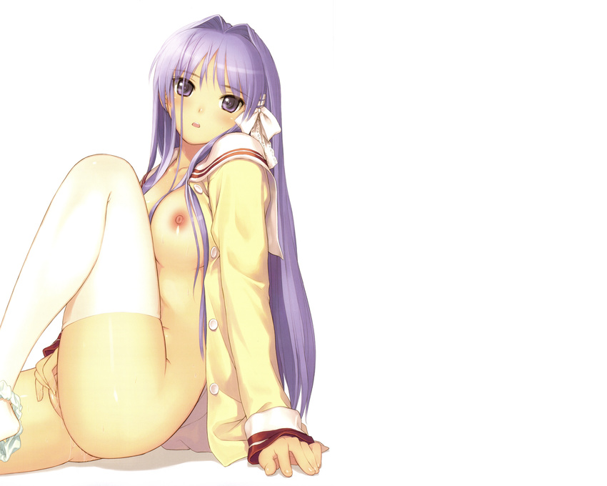 breasts clannad fingering fujibayashi_kyou long_hair nipples open_shirt purple_eyes purple_hair pussy seifuku taka_tony thighhighs uncensored white