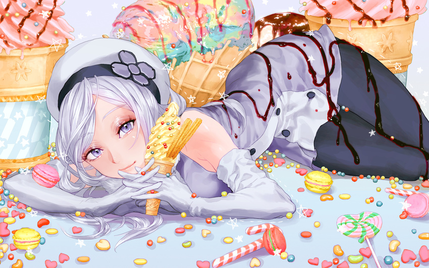 absurdres aila_jyrkiainen bad_id bad_pixiv_id bare_shoulders beret candy candy_cane chocolate chocolate_covered chocolate_syrup elbow_gloves food gloves gundam gundam_build_fighters hat highres ice_cream ice_cream_cone lavender_hair lollipop macaron purple_eyes rukiana solo