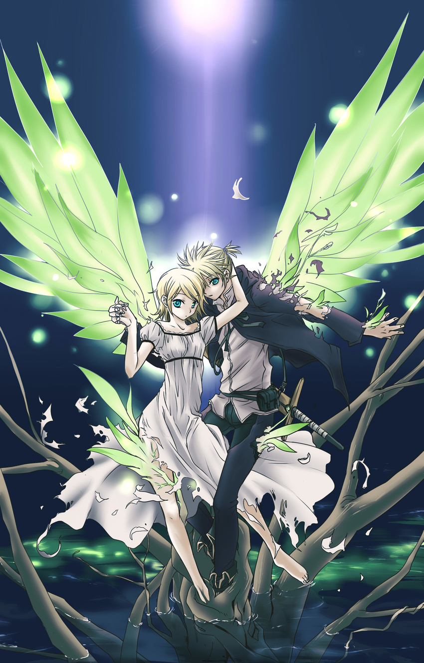1girl absurdres bad_id bad_pixiv_id barefoot blonde_hair blue_eyes boots brother_and_sister dress highres holding_hands kagamine_len kagamine_rin nanao_(mahaya) sheath sheathed short_hair siblings sword torn_clothes twins vocaloid water weapon white_dress wings