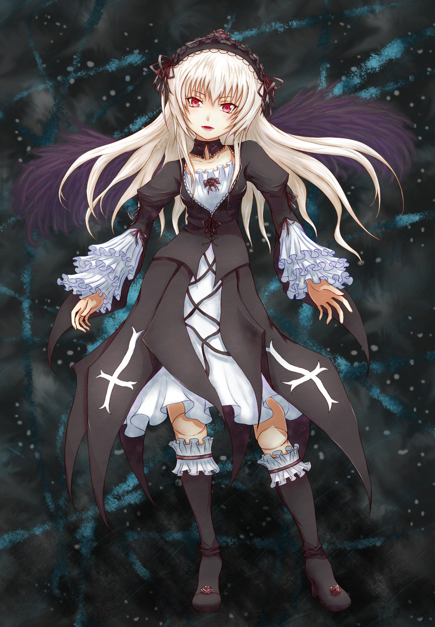 asuto3 cross doll_joints dress flower frills hairband highres red_eyes rozen_maiden solo suigintou white_hair wings