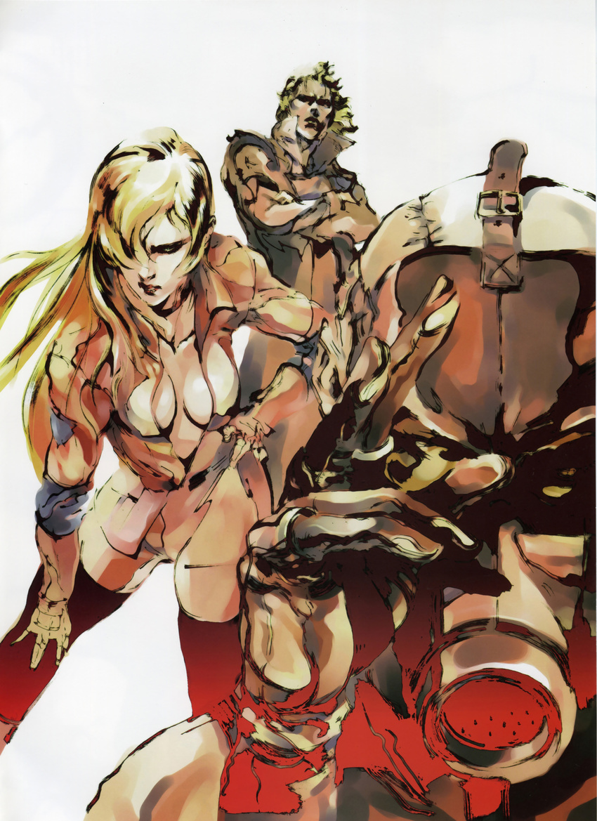 2boys absurdres artist_request blonde_hair duplicate gas_mask gloves highres liquid_snake long_hair metal_gear_(series) metal_gear_solid multiple_boys official_art psycho_mantis sniper_wolf