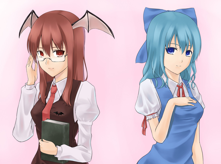 adjusting_eyewear alternate_hair_length alternate_hairstyle armband bad_id bad_pixiv_id bat bat_wings bespectacled blue_hair book breasts cirno dress glasses head_wings holding holding_book koakuma light_smile long_hair looking_at_viewer medium_breasts multiple_girls necktie no_wings older pinafore_dress red_hair red_neckwear ribbon shirt simple_background tadokoro_teppei taut_clothes taut_shirt touhou vest wings