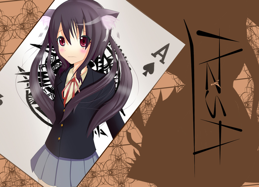 animal_ears bad_id bad_pixiv_id black_hair blush card card_(medium) cat_ears highres k-on! long_hair lucktdl nakano_azusa playing_card red_eyes school_uniform skirt solo twintails