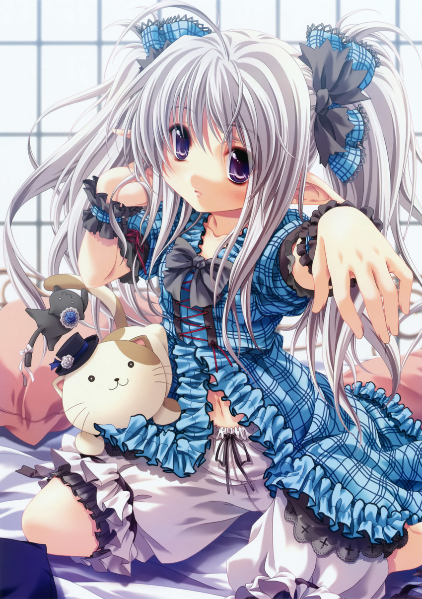 absurdres bloomers bow cat dress flat_chest hair_ribbon highres lolita_fashion midriff miyama-zero navel pillow plaid plaid_bow plaid_dress pointy_ears primula purple_eyes ribbon shuffle! silver_hair sitting solo stuffed_animal stuffed_cat stuffed_toy twintails underwear wrist_cuffs