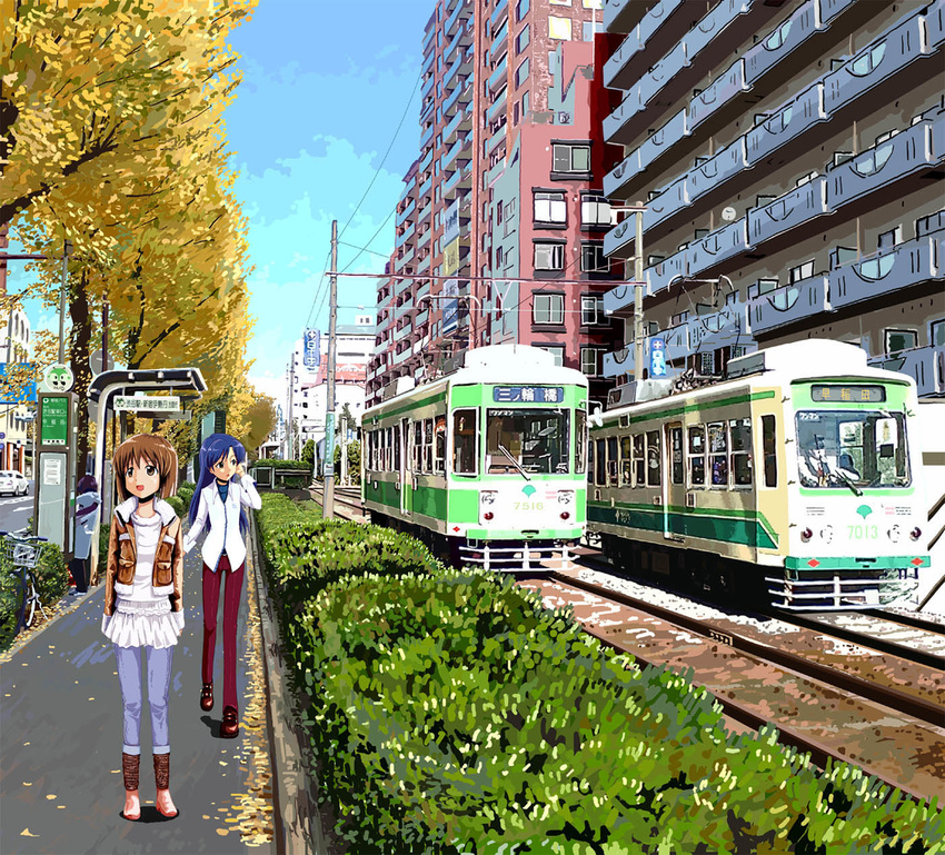 blue_hair brown_eyes brown_hair building casual day ground_vehicle hagiwara_yukiho highres idolmaster idolmaster_(classic) kisaragi_chihaya kozou_(rifa) long_hair multiple_girls real_world_location short_hair sky streetcar tokyo_(city) toshima_(tokyo) tree