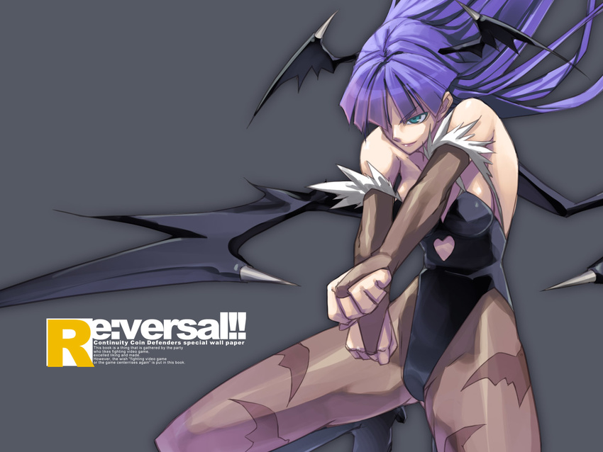 animal_print bat_print demon_girl engrish head_wings highres long_hair morrigan_aensland pantyhose print_legwear purple_hair ranguage re:versal!! shingo_(missing_link) solo succubus vampire_(game) wallpaper wings