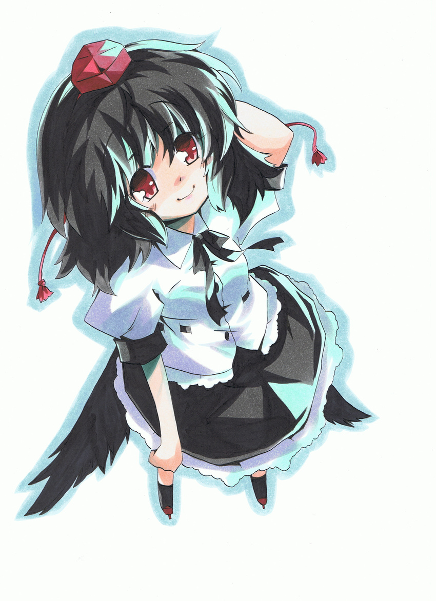 absurdres black_hair black_wings geta hat highres looking_at_viewer marker_(medium) milkpanda red_eyes ribbon shameimaru_aya short_hair skirt smile solo tengu-geta tokin_hat touhou traditional_media wings