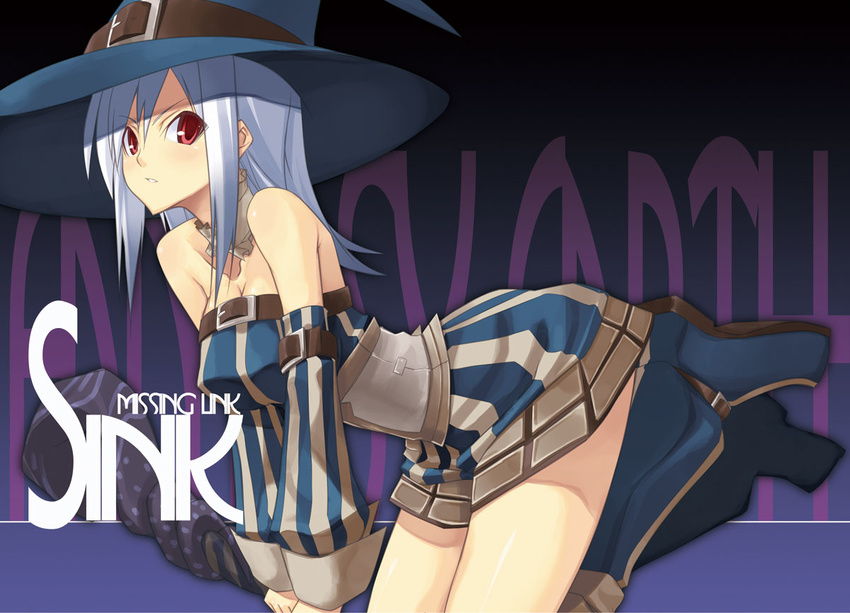 bare_shoulders belt bent_over blush detached_sleeves fantasy_earth_zero hat leaning_forward long_hair red_eyes shingo_(missing_link) solo striped witch witch_hat