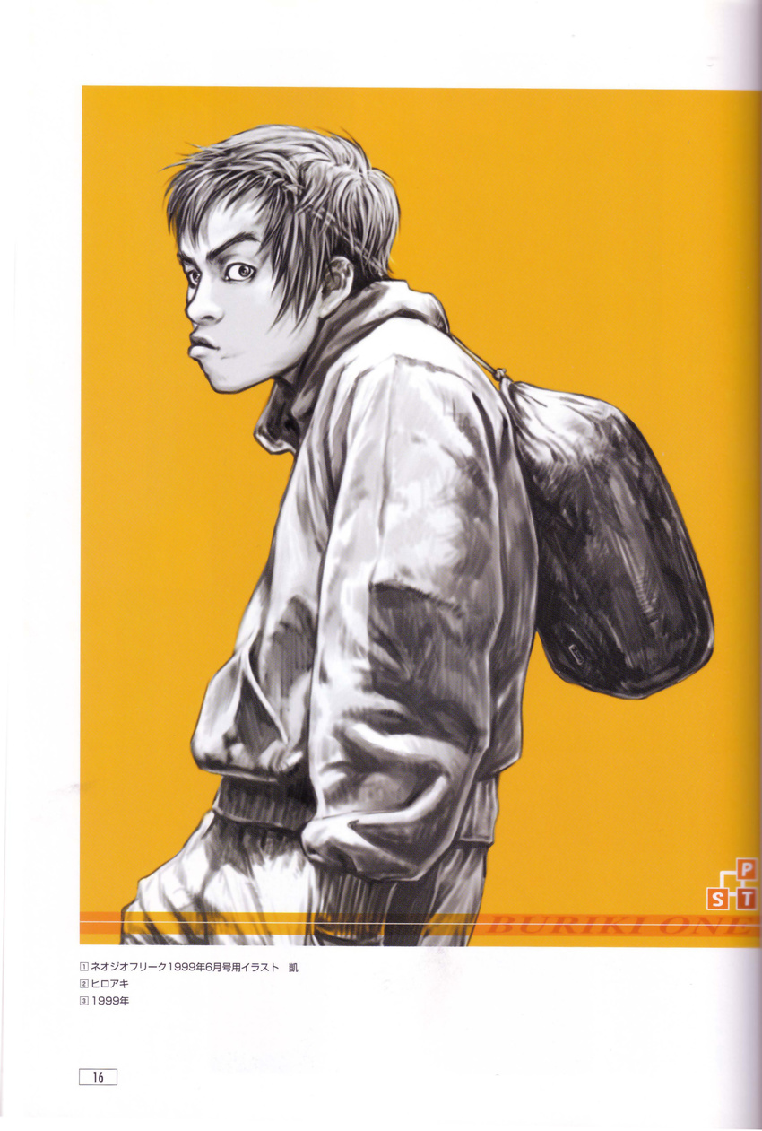 absurdres bag bangs buriki_one copyright_name highres hiroaki_(kof) jacket lips looking_at_viewer looking_back male_focus monochrome official_art orange_background profile scan simple_background snk solo tendou_gai upper_body