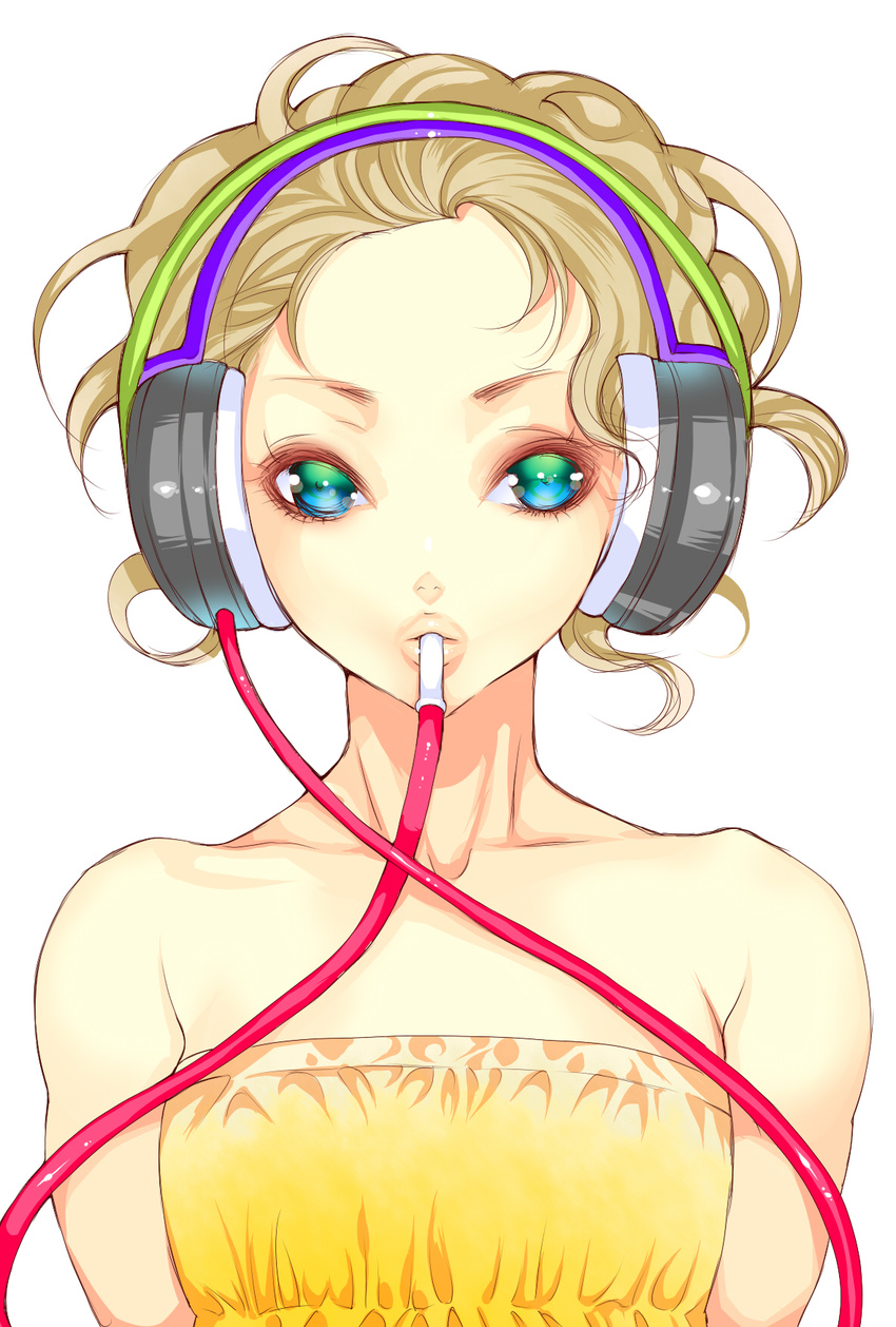 bare_shoulders blonde_hair headphones highres lips multicolored multicolored_eyes original short_hair solo tomohide