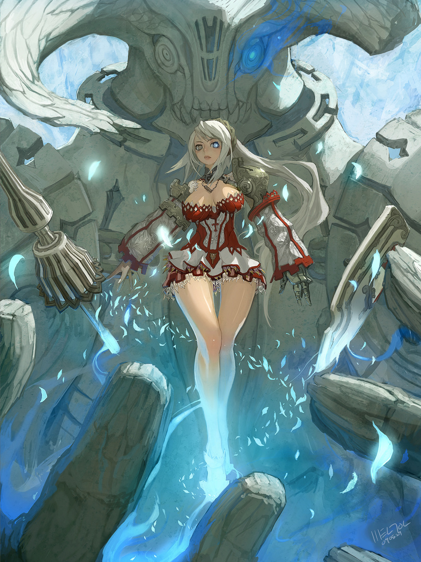 armor bad_id bad_pixiv_id breasts brown_eyes fantasy giant gigandal_federation glowing glowing_eyes heterochromia highres jewelry lance large_breasts legs lips long_hair necklace pixiv_fantasia pixiv_fantasia_3 polearm solo statue thigh_gap weapon weltol white_hair wide_hips