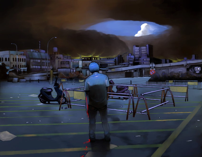 bad_id bad_pixiv_id bleeding blood building cityscape cloud copyright_request fog ground_vehicle lonely male_focus motor_vehicle road scooter shiira sign sky solo