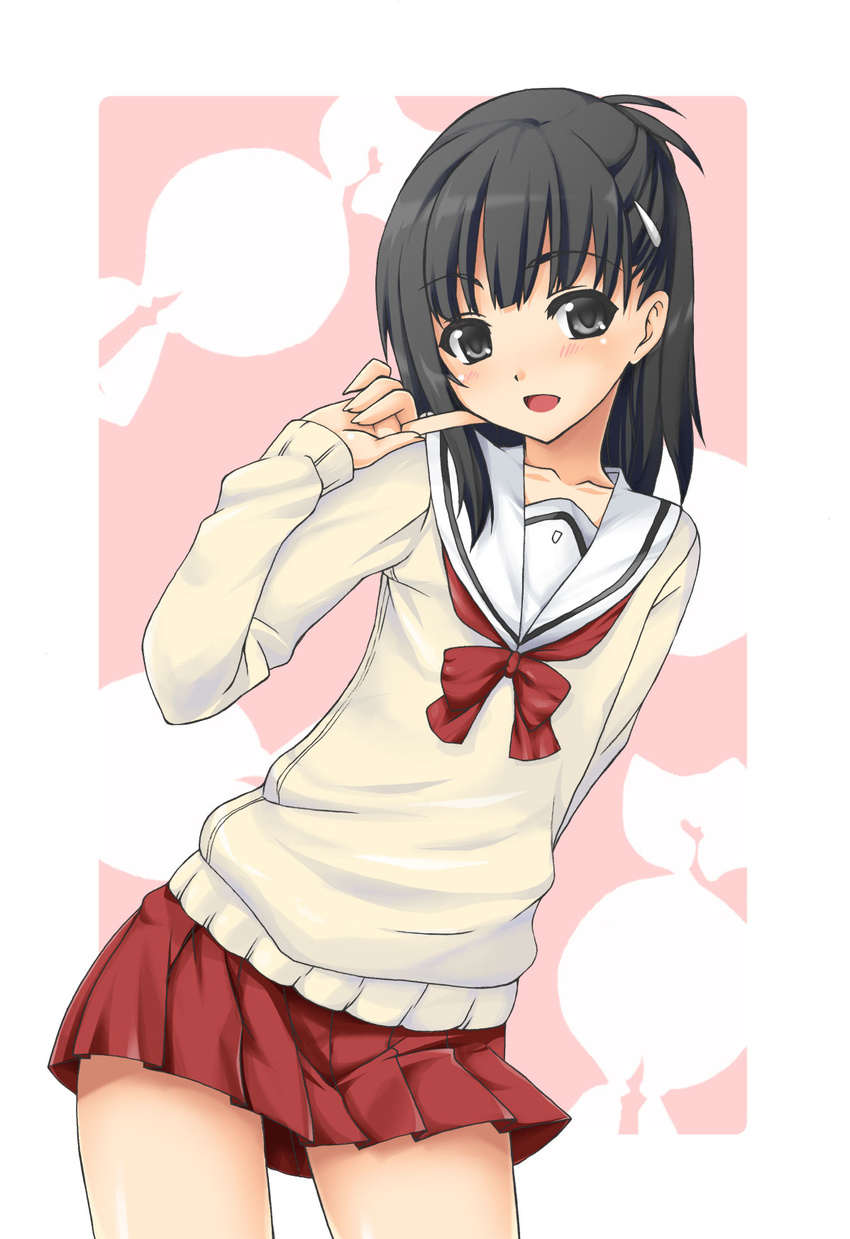 aikawa_kizuna asymmetrical_hair black_eyes black_hair blush finger_to_face flat_chest hair_ornament hairclip half_updo highres male_focus mushi024 otoko_no_ko prunus_girl school_uniform seductive_smile skirt smile solo sweater