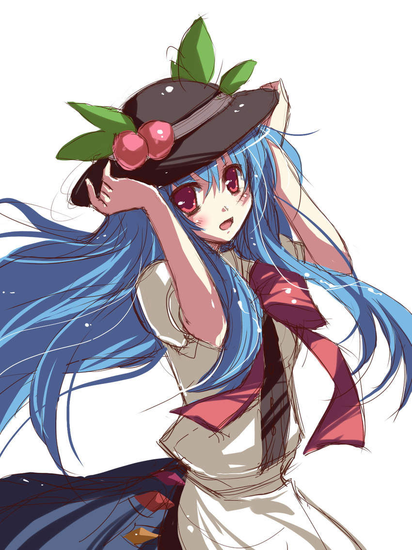bad_id bad_pixiv_id blue_hair food fruit hat highres hinanawi_tenshi long_hair peach rie_(reverie) sketch solo touhou