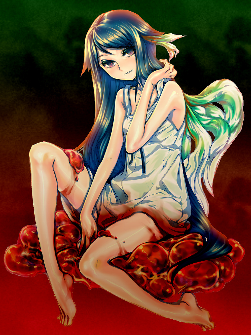 bad_id bad_pixiv_id barefoot blood feet green_hair highres julion_(akesuzu) saya saya_no_uta slime solo