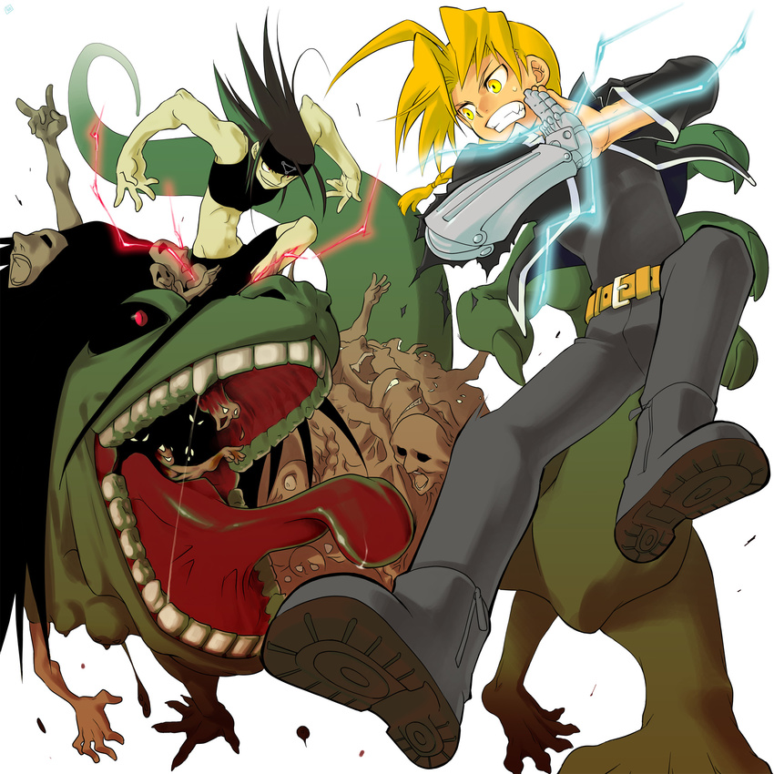 alchemy angry bad_id bad_pixiv_id battle belt blonde_hair boots braid clenched_teeth duel edward_elric envy_(fma) fullmetal_alchemist green_hair headband highres long_hair male_focus midriff monster multiple_boys nainoki prosthesis red_eyes scowl single_braid spoilers sweat sweatdrop teeth tongue yellow_eyes