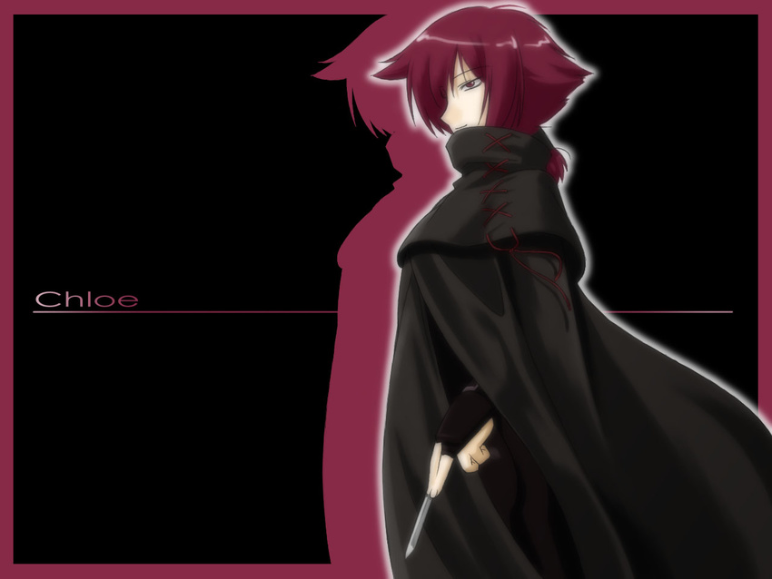 ass bodysuit chloe_(noir) cloak fingerless_gloves gloves knife noir ponytail purple_hair short_hair smile solo umekichi wallpaper