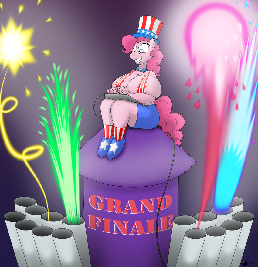 absurd_res anthro big_breasts bikini blue_eyes bow_tie breasts chest_tuft clothing equine explosives female fireworks friendship_is_magic fur hair hat hi_res horse mammal my_little_pony pink_hair pinkie_pie_(mlp) pony ponyboom rocket smile solo swimsuit top_hat tuft