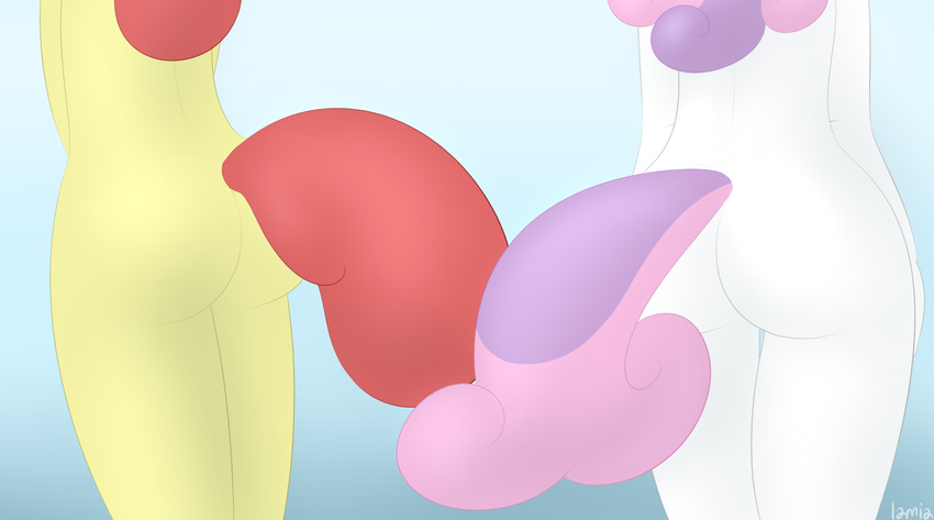 anthro anthrofied apple_bloom_(mlp) back_turned back_view butt cub duo earth_pony equine female friendship_is_magic fur gradient_background hair horse lamiaaaa mammal my_little_pony pink_hair pony purple_hair red_hair sweetie_belle_(mlp) two_tone_hair voluptuous white_fur yellow_fur young